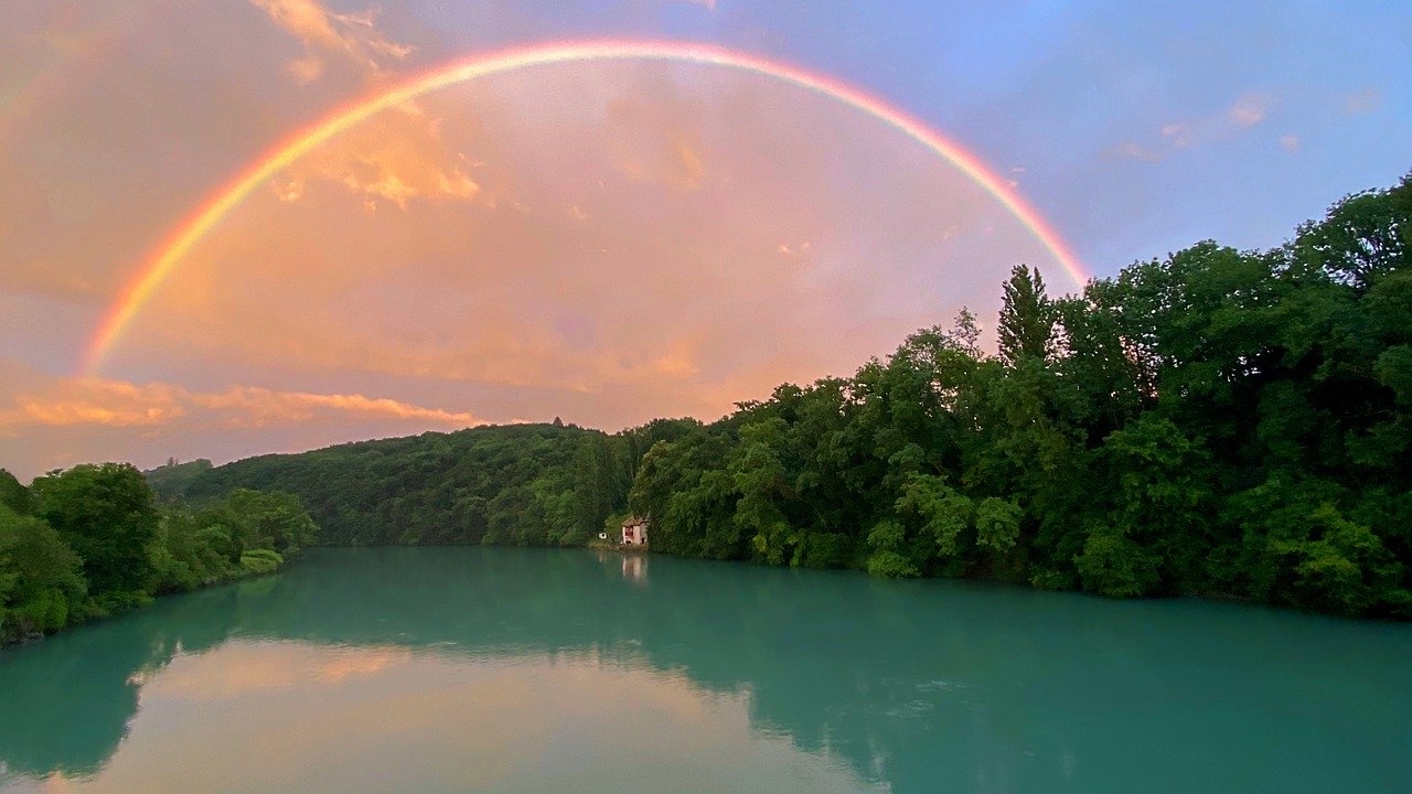 rainbow, water, river